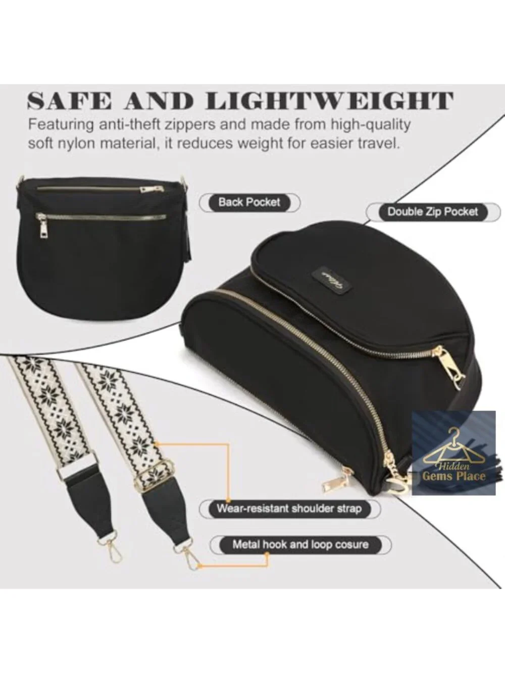 Anti Theft Crossbody Bag Waterproof Nylon Fanny Pack Spacious Travel Purse